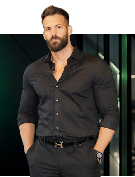 Vince Kiel, founder, in a black button-down shirt and dark pants.